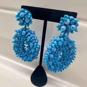 Blue Turquoise Beaded Statement Drop Earrings 3.5” Resort Style